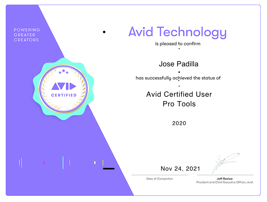 Avid Certified User, Pro Tools